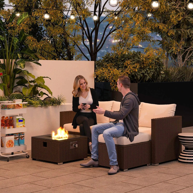 5-Piece Rattan Garden Furniture Set with Gas Fire Pit & Footstools - Brown & Cream