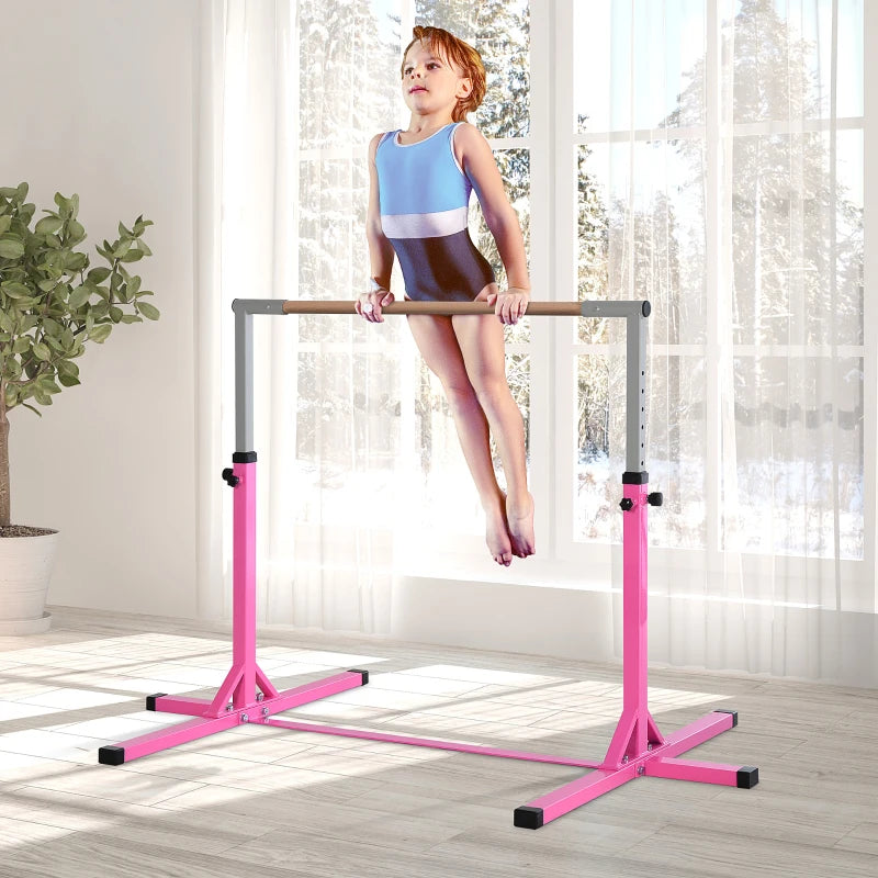 Height Adjustable Gymnastics Horizontal Bar for Kids Junior Fitness Equipment Pink