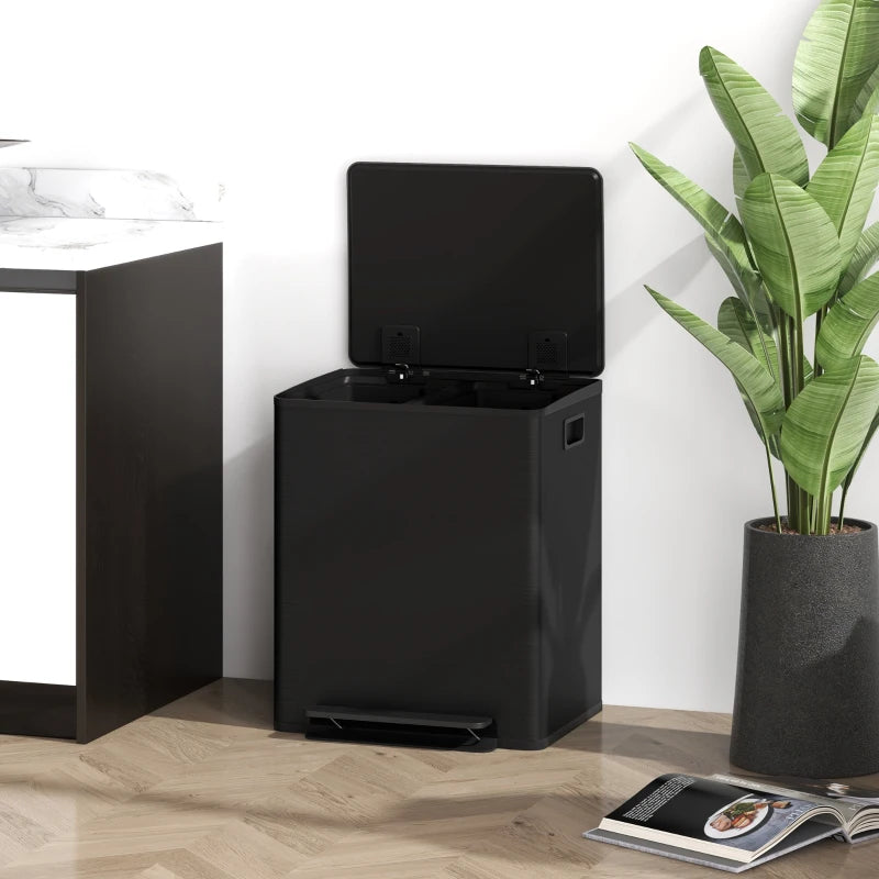 50L Dual Compartment Stainless Steel Bin with Deodoriser Holders - Stylish Black Trash Can for Home & Kitchen