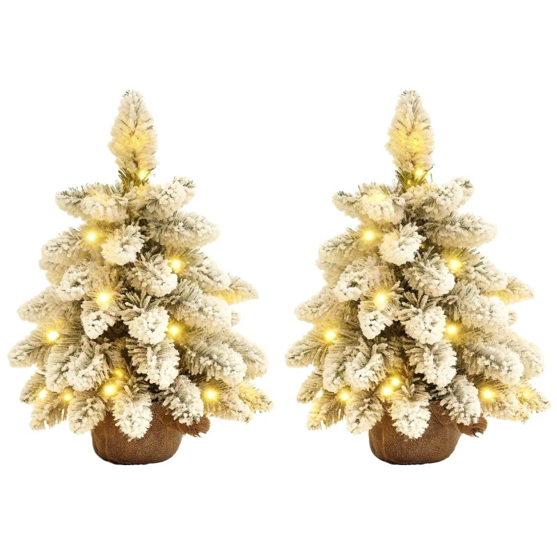 Set of 2 Mini 1.5ft Snow Flocked Christmas Trees with Lights - Battery Operated Tabletop Holiday Decor