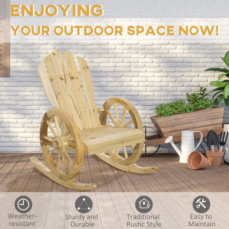 Natural Wooden Adirondack Rocking Chair - Reclining Armchair for Outdoor Garden, Patio, and Porch - Size: Standard