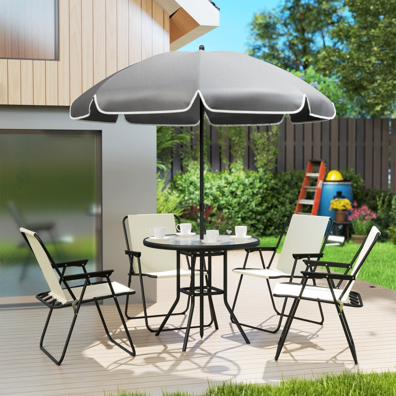 4 Seater Cream White Garden Furniture Set - 6 Piece Outdoor Dining Set with Folding Chairs and Round Glass Top Table, Includes Parasol for Patio