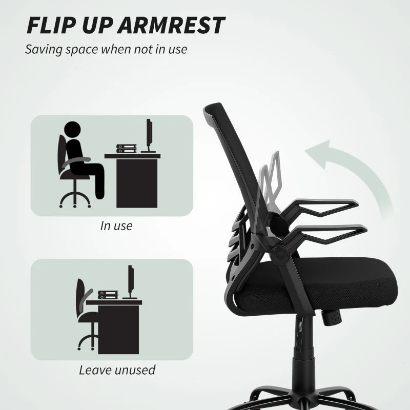Vinsetto Ergonomic Mesh Office Chair with Flip-up Armrests, Lumbar Support & Swivel Wheels - Black Computer Desk Chair