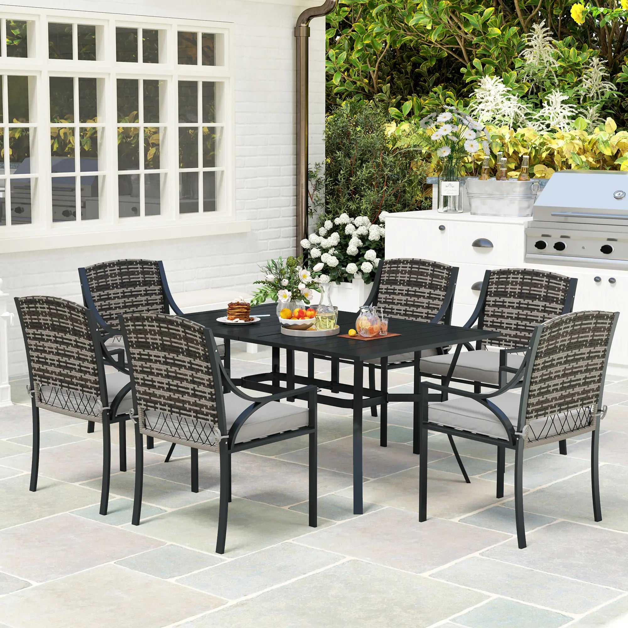 6 Seater Rattan Dining Set with 6 Armchairs, 150 x 96cm Rectangular Table, Umbrella Hole