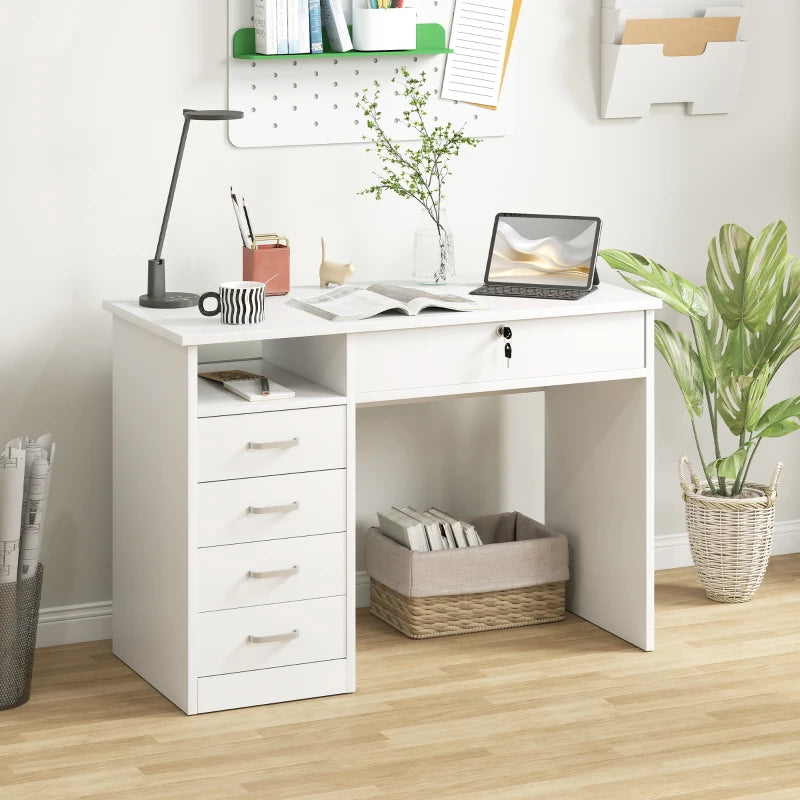 Modern Home Office Computer Desk with Lockable Drawer and Storage Shelf for Study or Bedroom 110x50x76 cm White