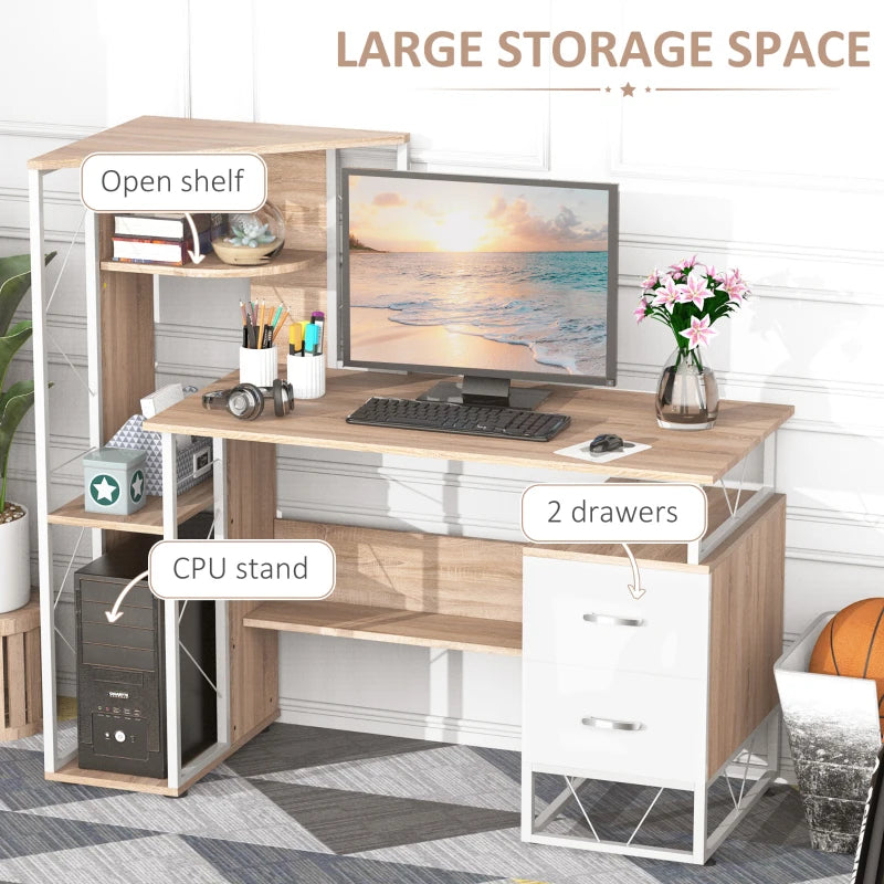 Oak Computer Desk with Drawers & Bookshelf - Stylish Writing Desk for Home Office & Study Workstation with Storage Shelves