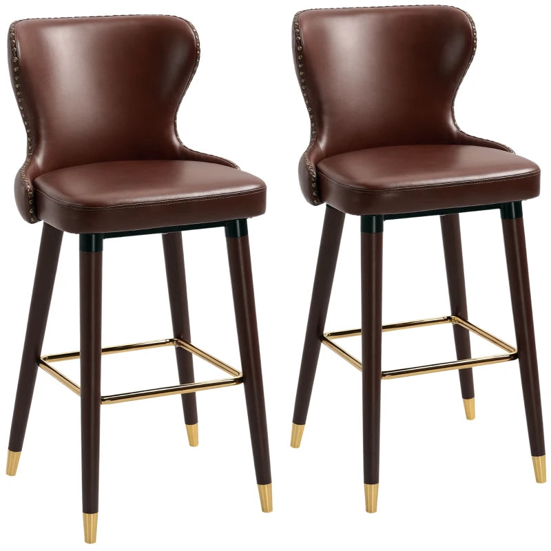 Set of 2 Brown PU Leather Bar Stools with Back and Footrest, Stylish Wood Legs for Kitchen and Breakfast Bar