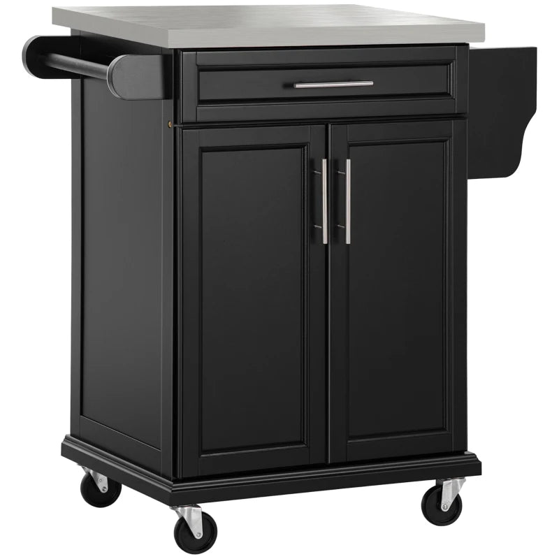 Wooden Kitchen Island on Wheels - Black Serving Cart with Stainless Steel Top, Drawer, Side Handle & Storage Rack