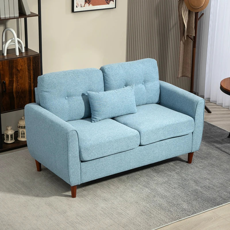 Modern 2 Seater Fabric Sofa with Spring Cushions and Wooden Legs, Tufted Love Seat for Living Room, Light Blue