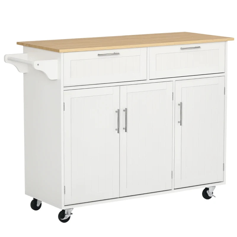 White Kitchen Island Utility Cart with 2 Storage Drawers & Cabinets - Perfect for Dining Room Organization