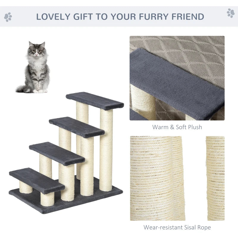 4-Step Dog Steps for Bed - Pet Stairs & Cat Ladder - Grey Scratch Post Design for Easy Access