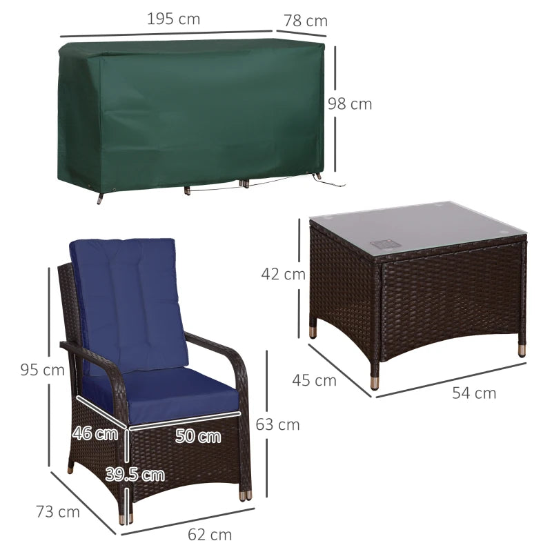 Dark Blue 3-Piece Patio Rattan Bistro Set with Cushioned Chairs and Coffee Table