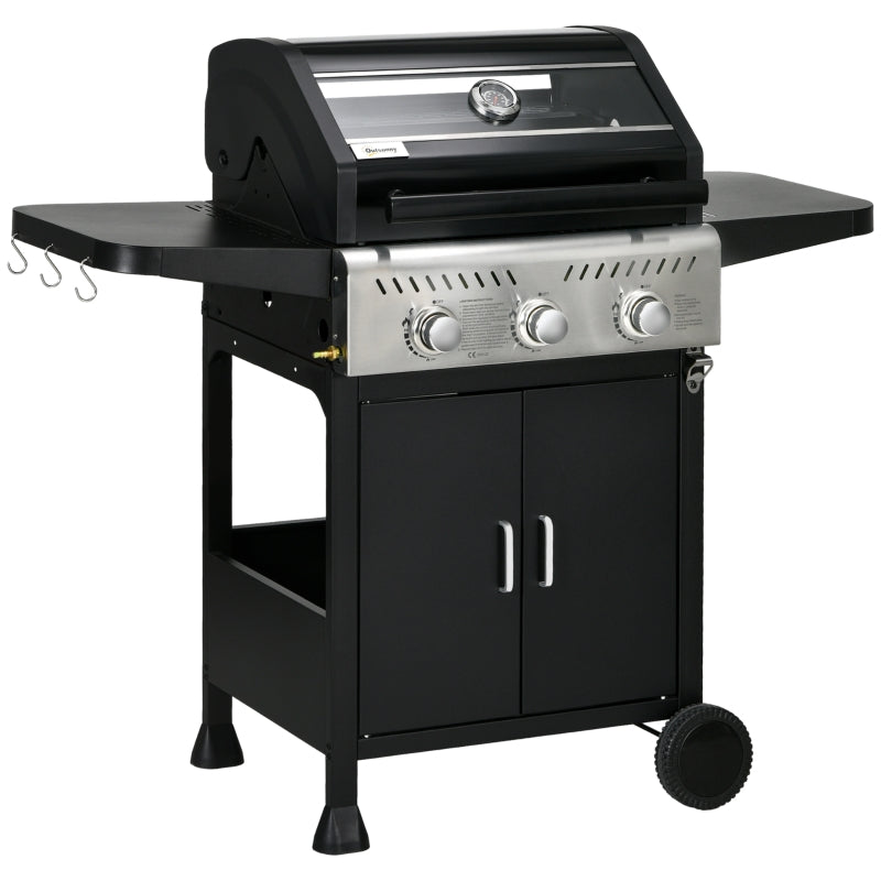 Black 9kW Three-Burner Gas BBQ Grill with See-Through Lid