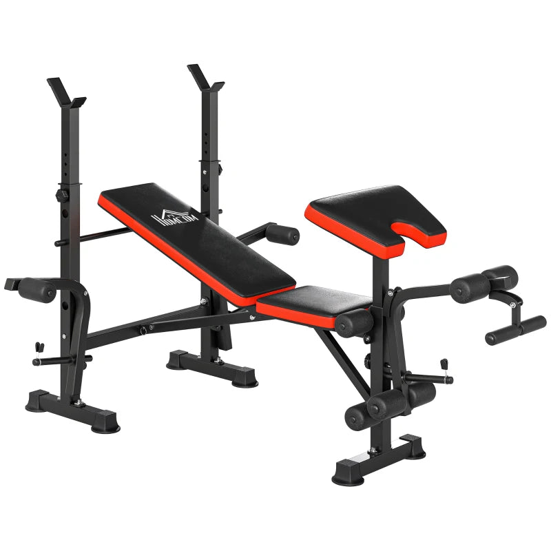Adjustable Multi-Function Weight Bench with Leg Extension and Barbell Rack for Home Gym Strength Training Red