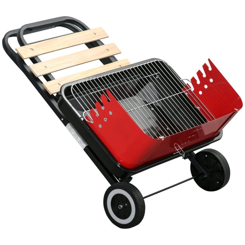 Portable Charcoal BBQ Grill with Windshield and Side Trays, Black/Red