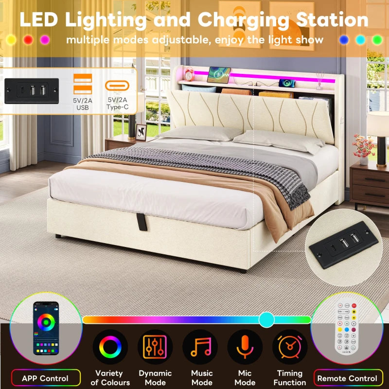 Double Upholstered Bed with LED Headboard & USB Ports - Hydraulic Storage Bed, Beige, 207x136x105 cm - Modern Charging Station