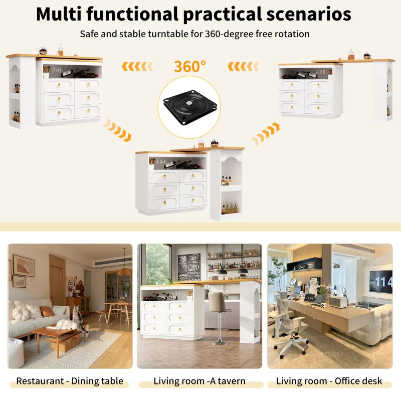 360° Rotating Bar Table with Side Table & Spice Rack - Extendable Kitchen Island with 6 Drawers, White, 137x39x90 cm