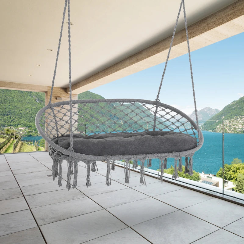 Dark Grey 2-Seater Macrame Hanging Hammock Chair with Soft Cushion