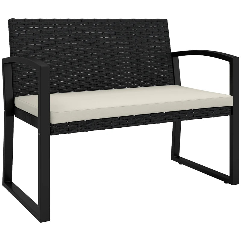 Two-Seater Rattan Garden Bench - Beige and Black - Outdoor Patio Furniture