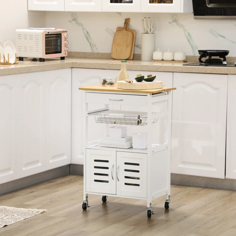 Rolling Kitchen Island Trolley Cart with Bamboo Top, Storage Cabinet, Drawer & Wire Basket - Mobile Utility Cart on Wheels