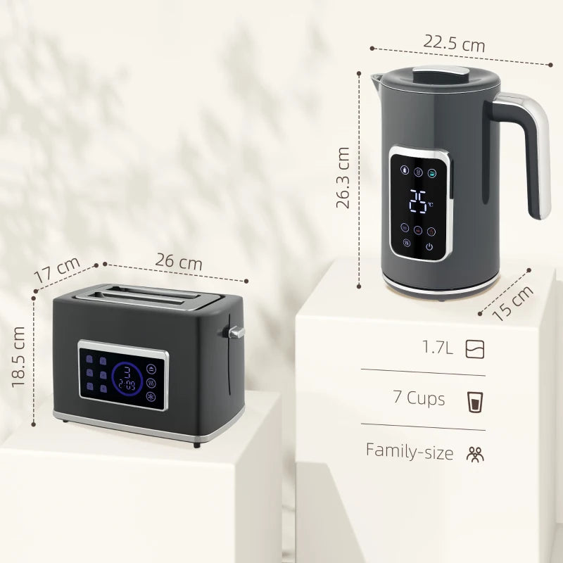 Premium Touch Screen Kettle and Toaster Set - Stylish Grey Kitchen Appliances for Modern Homes