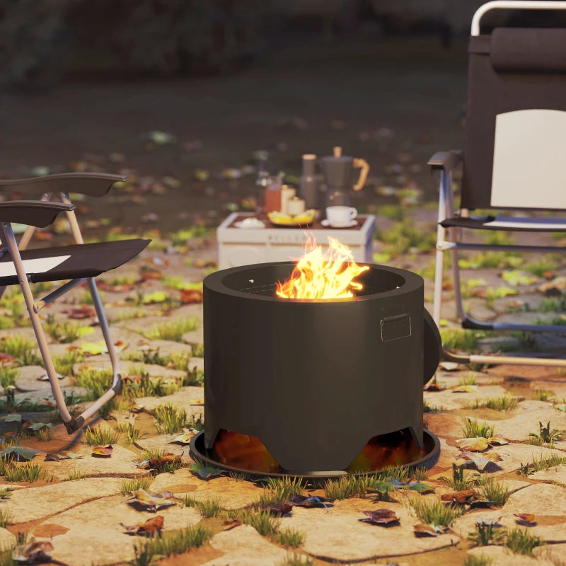 Outdoor Round Fire Pit with Lid & Poker - Durable Black Steel Design for Backyard Patio Heating & Ambiance