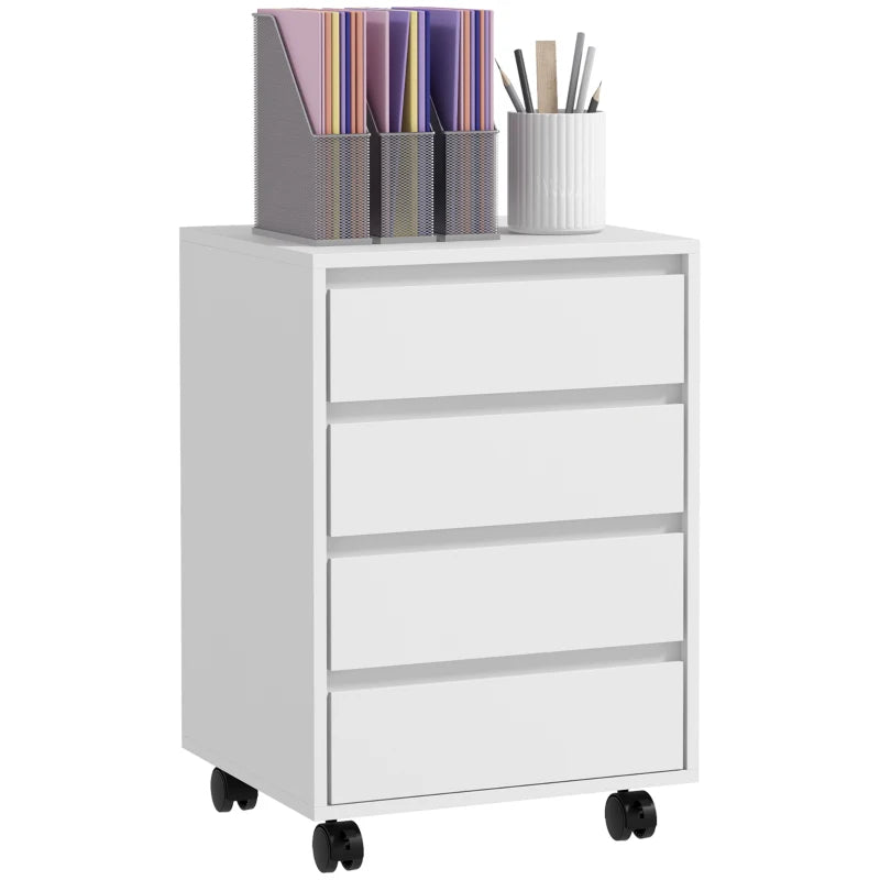 White Four-Drawer Office Filing Cabinet on Wheels - Mobile Storage Solution for Home & Office Organization