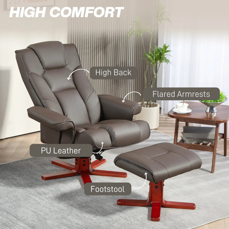 Brown Faux Leather Manual Recliner and Footstool Set for Ultimate Comfort and Relaxation