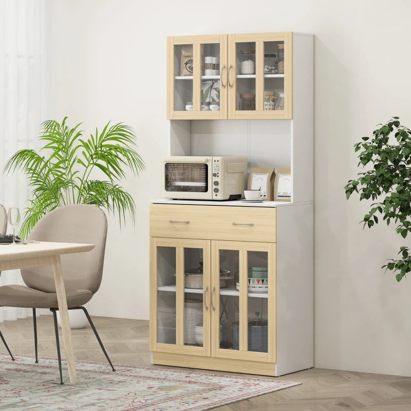 Modern Freestanding Kitchen Cupboard - 180cm Storage Cabinet Hutch with Central Drawer & 2 Glass Door Cabinets