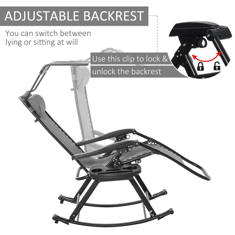 Grey Folding Rocking Sun Lounger Chair with Headrest and Side Holder