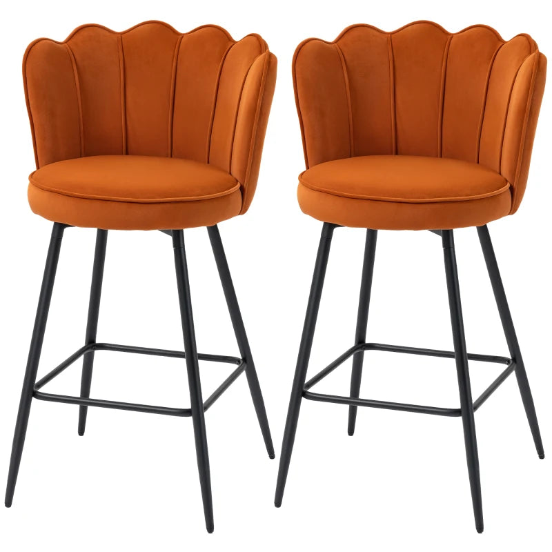 Set of 2 Orange Velvet-Feel Lotus Bar Stools - Stylish Modern Seating for Kitchen or Home Bar