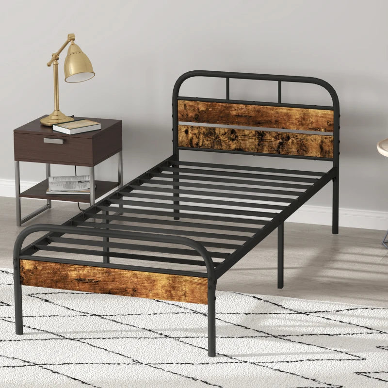Industrial-Style Black and Brown Single Bed Frame - Sturdy Metal and Wood Design for Modern Bedrooms