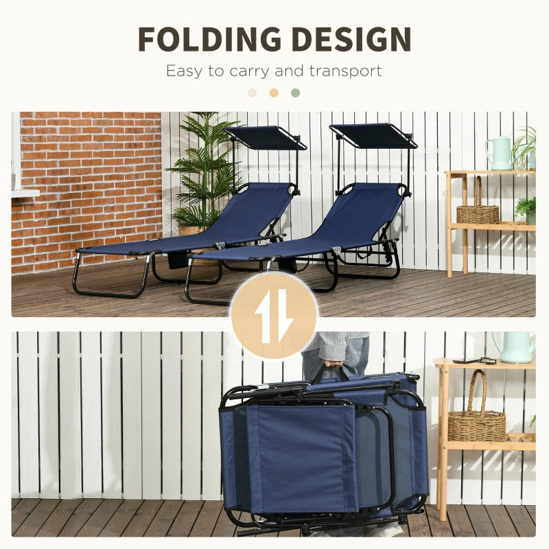 2 Piece Dark Blue Folding Sun Loungers with Canopy - Adjustable Recliner Garden Chairs with Side Pocket, Steel Frame and Breathable Mesh for Outdoor, Pool, Beach, Garden