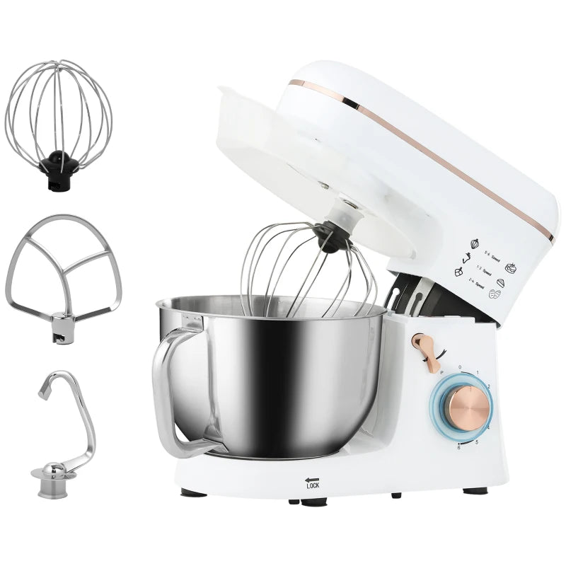 5L Stand Mixer for Baking - 1400W Electric Kitchen Mixer with 6 Speeds, Dough Hook, Whisk & Stainless Steel Bowl - White