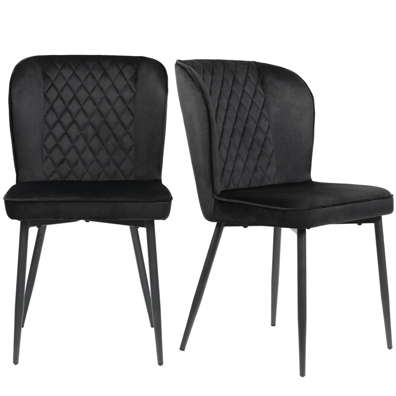 Set of 2 Velvet Black Dining Chairs with Metal Legs, Wing Back Upholstered Accent Chairs for Dining Room, 47x43x86 cm