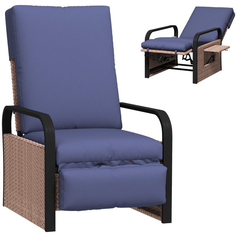 140° Reclining Rattan Armchair - Comfortable Brown and Blue Outdoor Lounge Chair