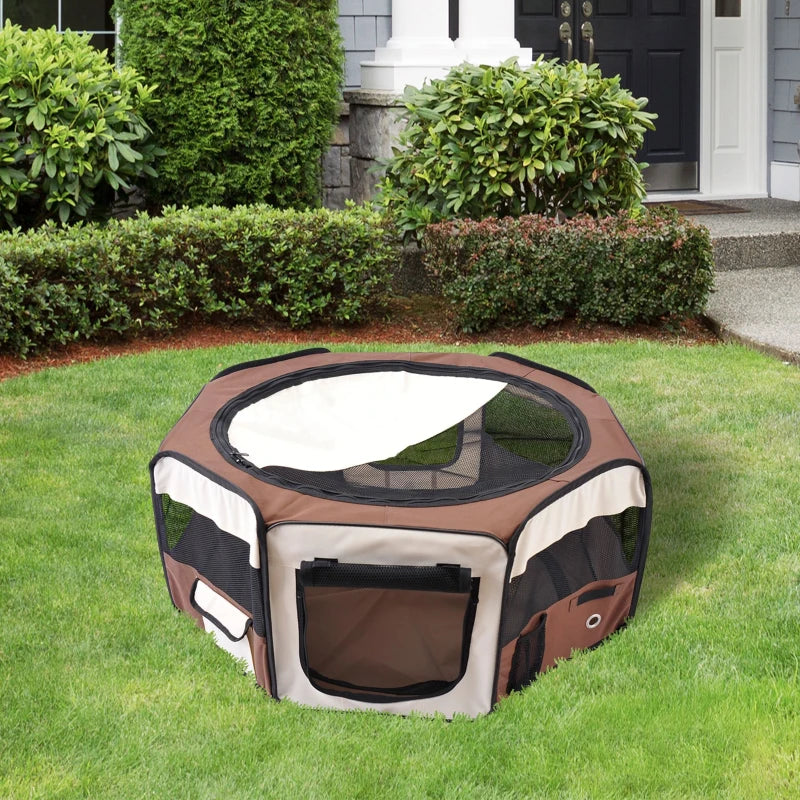 Portable Cat Dog Playpen - Indoor Outdoor Pet Pen for Puppies, Rabbits & Guinea Pigs - 90cm Diameter, 41cm Height, Brown