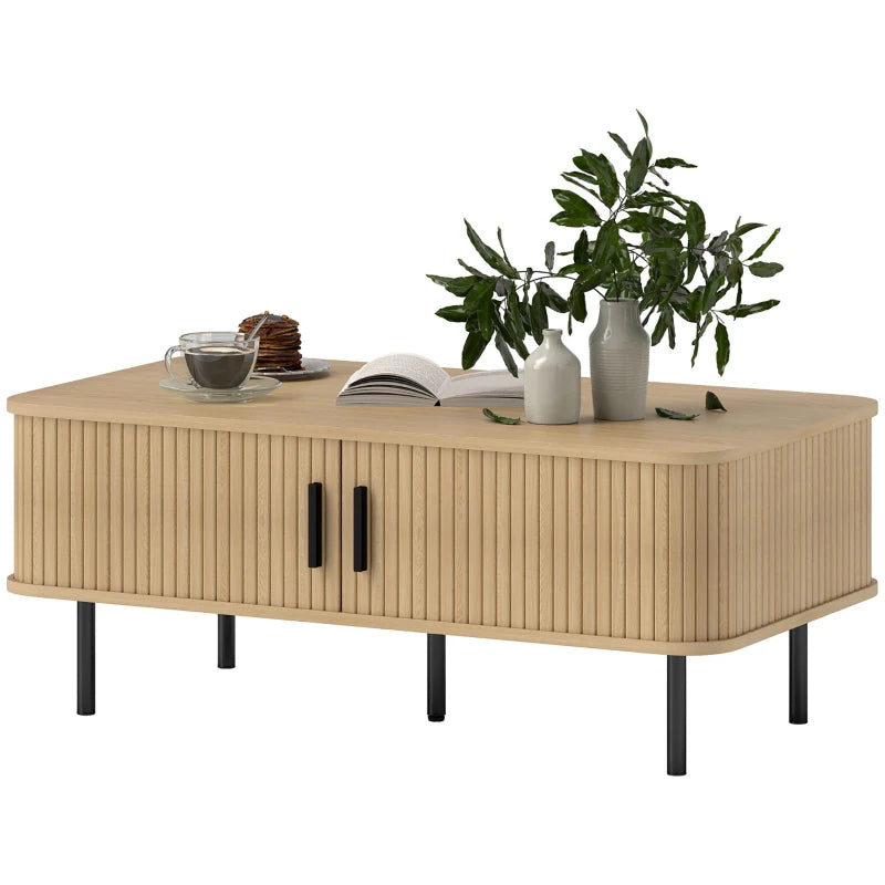 Modern Oak Coffee Table with Storage and Sliding Doors for Living Room