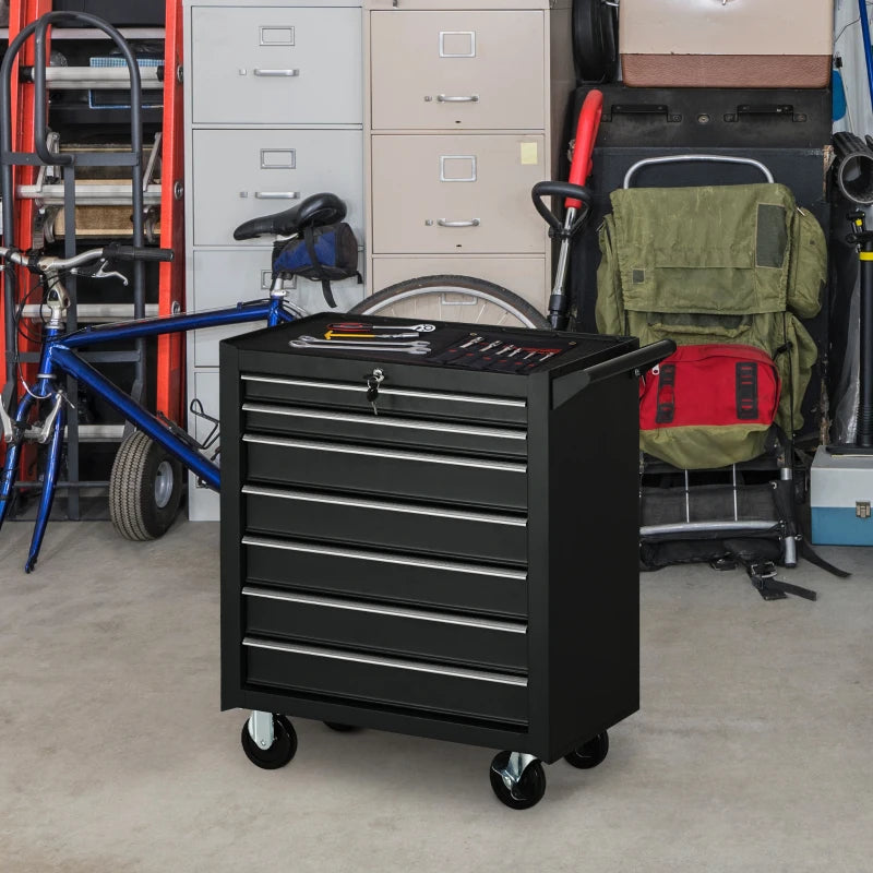 Black 7-Drawer Rolling Tool Chest on Wheels - Fully Lockable Tool Cabinet with Side Handle