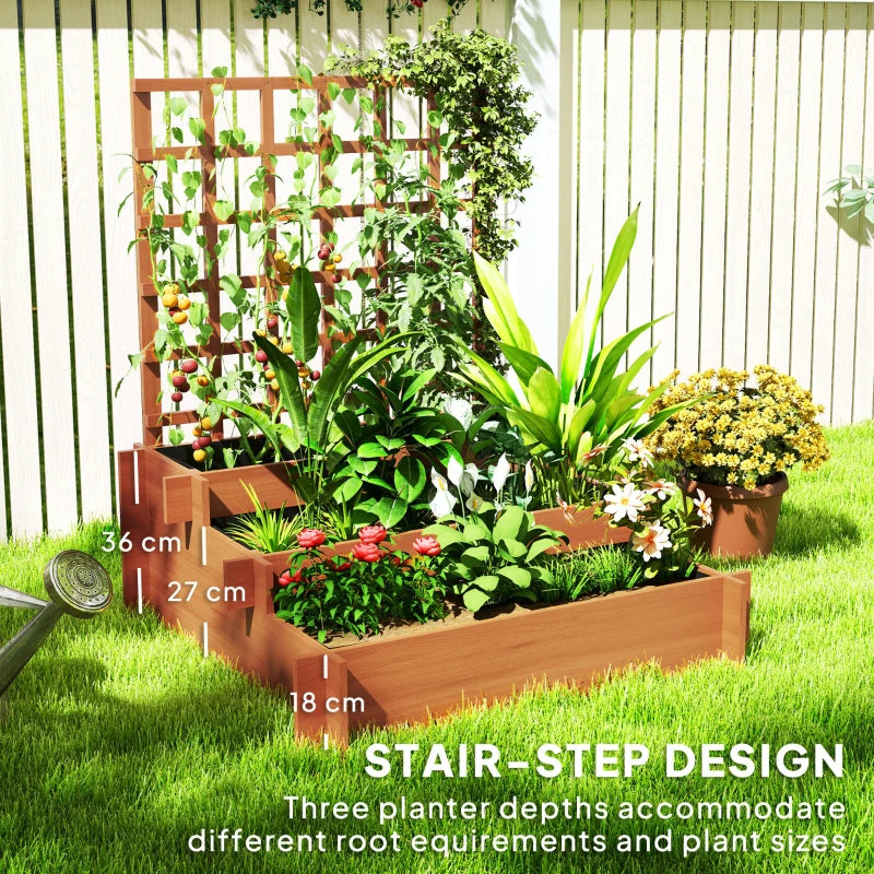 3 Tier Wooden Garden Planters with Trellis for Climbing Vines, Brown, 95x95x110cm