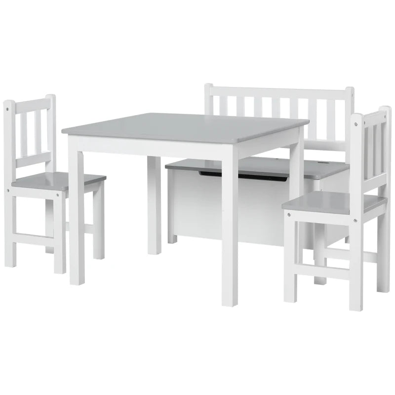 4-Piece Kids Table & Chair Set - 2 Wooden Chairs, Storage Bench, Modern Design, Grey/White - Perfect for Playrooms