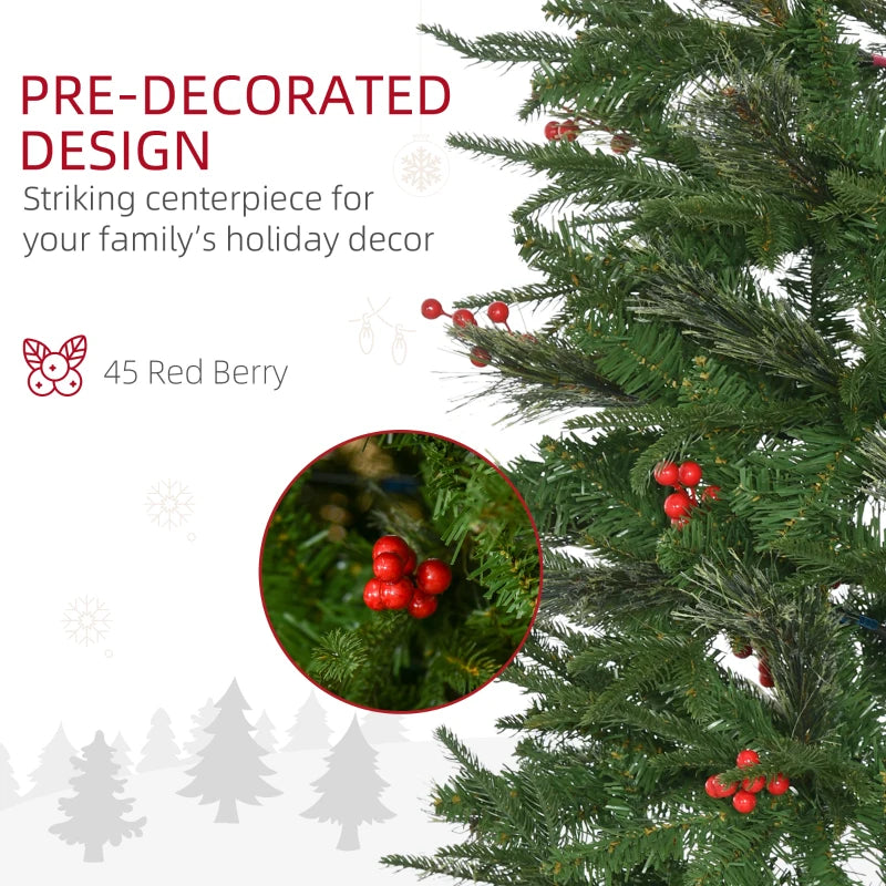 7ft Realistic Green Pencil Christmas Tree with Red Berries, Auto Open Feature - Perfect Holiday Decor