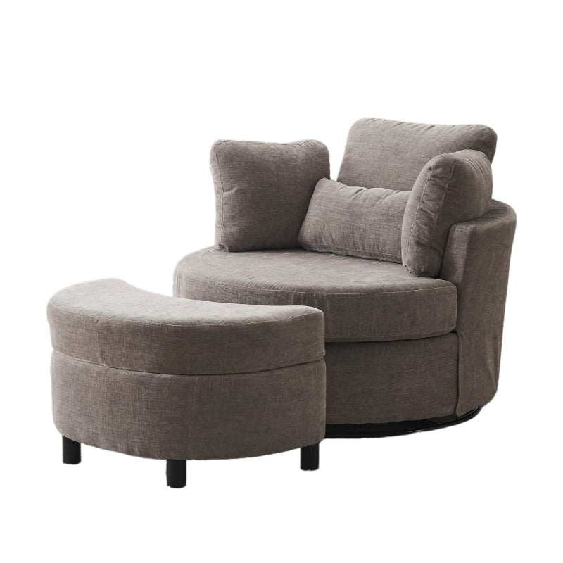 Stylish Grey Chenille Swivel Armchair with 3 Back Cushions and Crescent Ottoman Stool, 360° Rotation, 107L x 105W x 82H cm