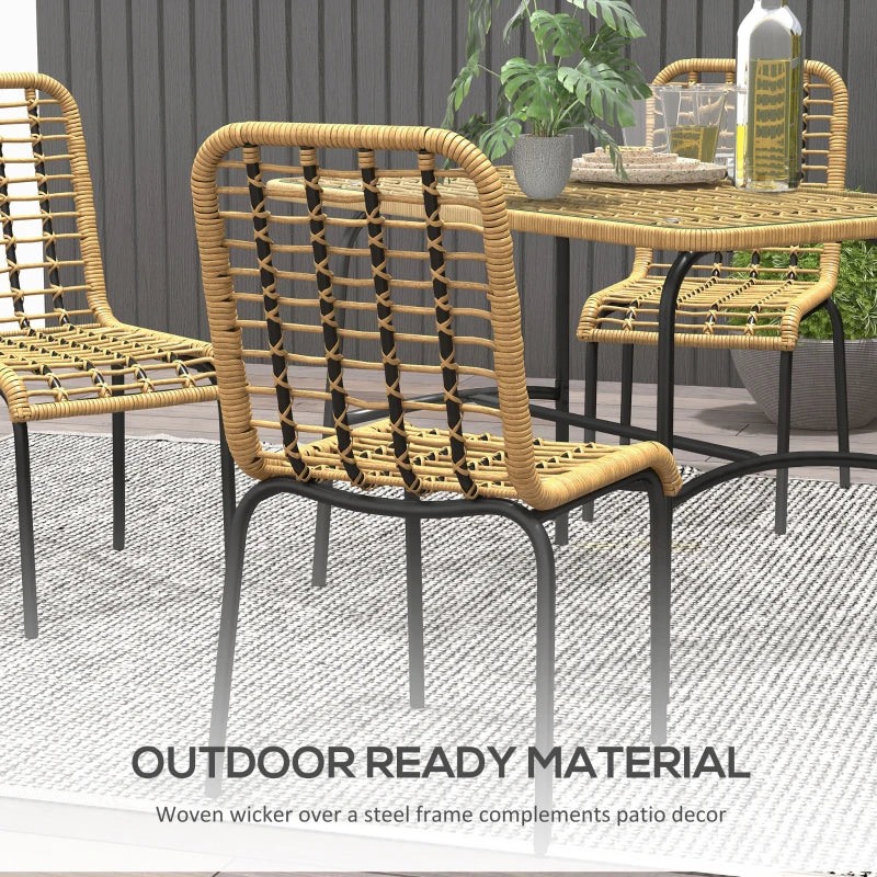 5-Piece Rattan Garden Dining Set with Glass Tabletop - Natural Wood
