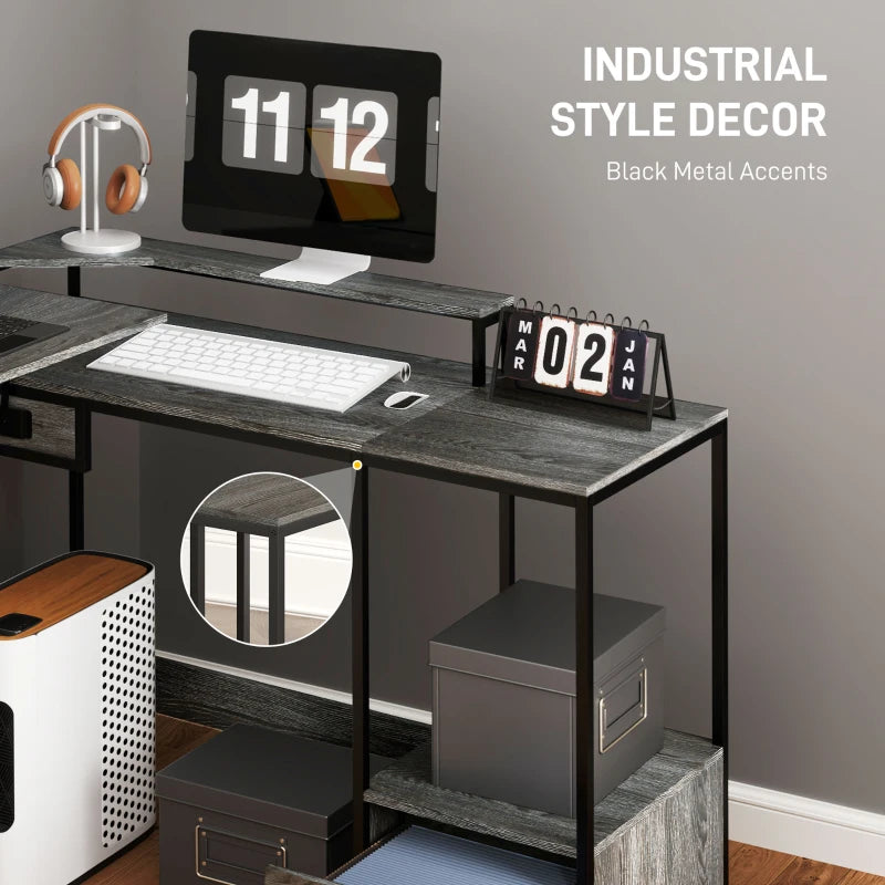 Industrial 'L' Shaped Multi-Work Desk in Charcoal Grey - Modern Office Furniture for Home & Workspace