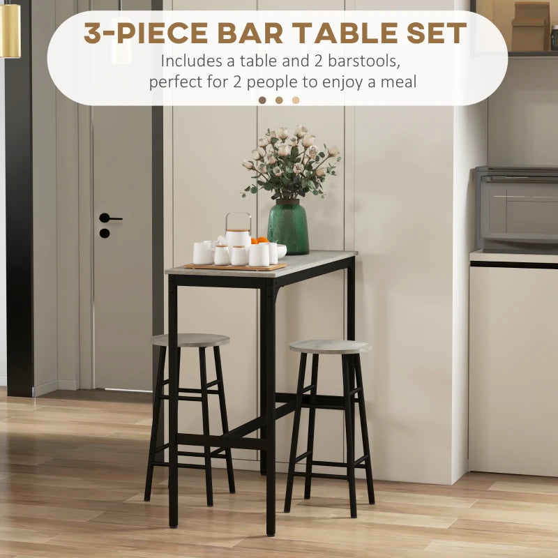 Industrial 3 Piece Bar Table Set with 2 Stools - Grey Dining Table and Chair Set for Home or Kitchen