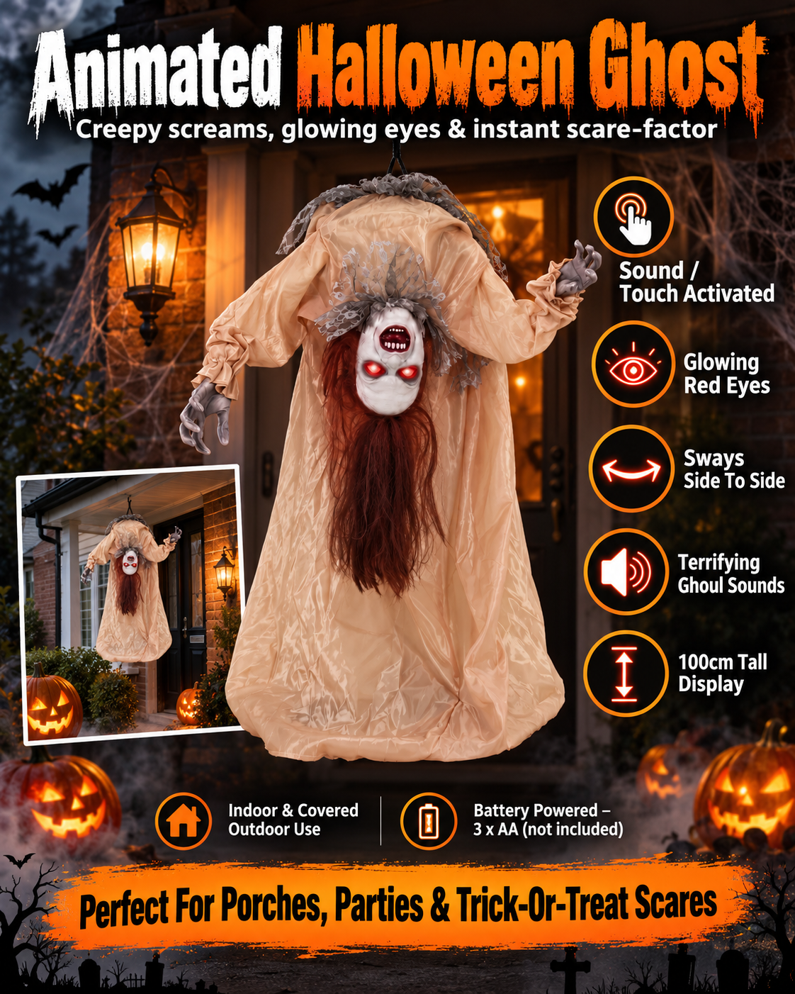 100cm Animated Broken-Back Halloween Ghost – Sound & Touch Activated with Glowing Red Eyes & Creepy Screams