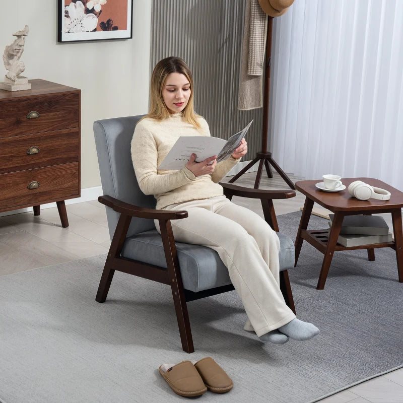 Nordic Accent Chair - Upholstered Velvet Armchair with Solid Wood Frame & Thick Padding for Living Room/Bedroom - Grey