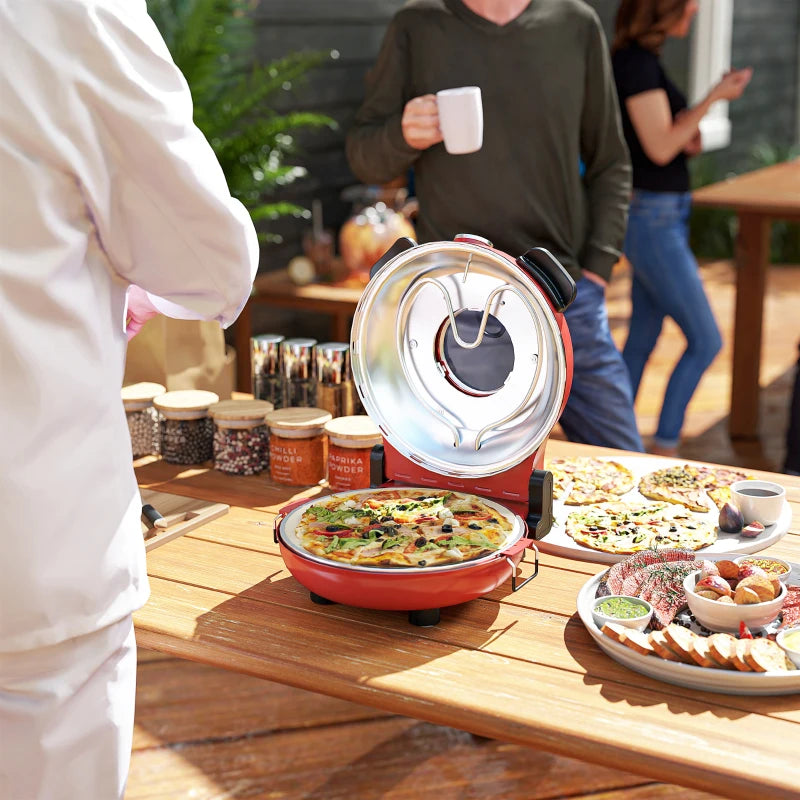 1200W Electric Pizza Oven - 12 Inch Maker with Viewing Window, Dual Temp Control, Timer & Overheat Protection - Red