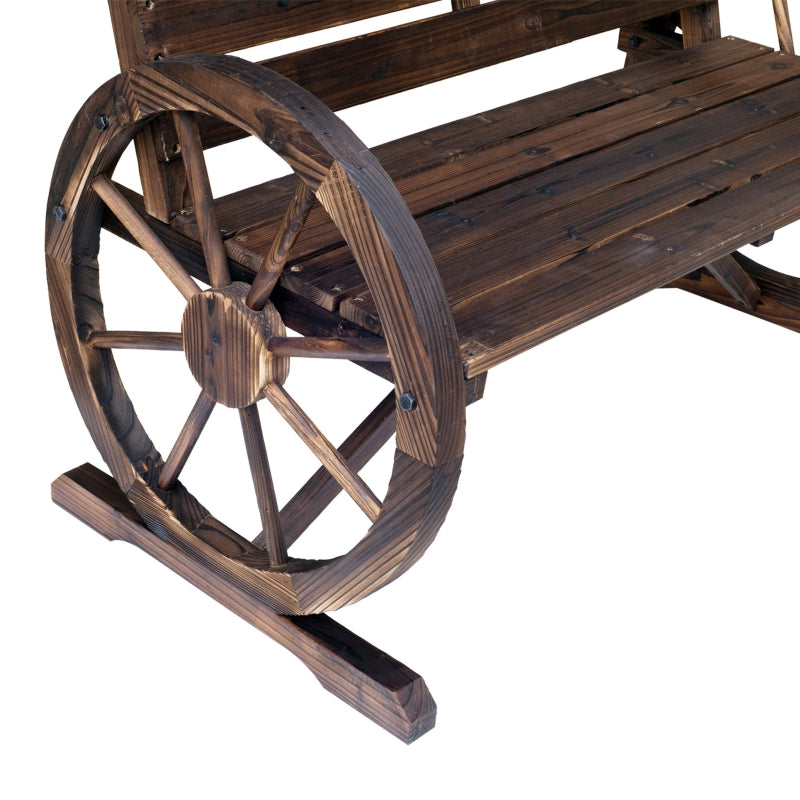 Rustic Brown 2-Seater Garden Bench with Wooden Cart Wagon Wheel